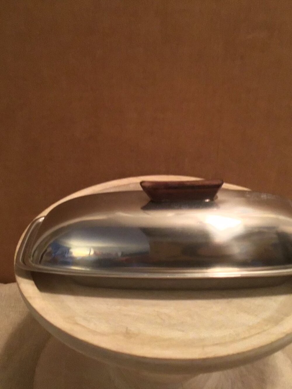 NWOT MCM Style stainless steel butter dish with a wooden handle